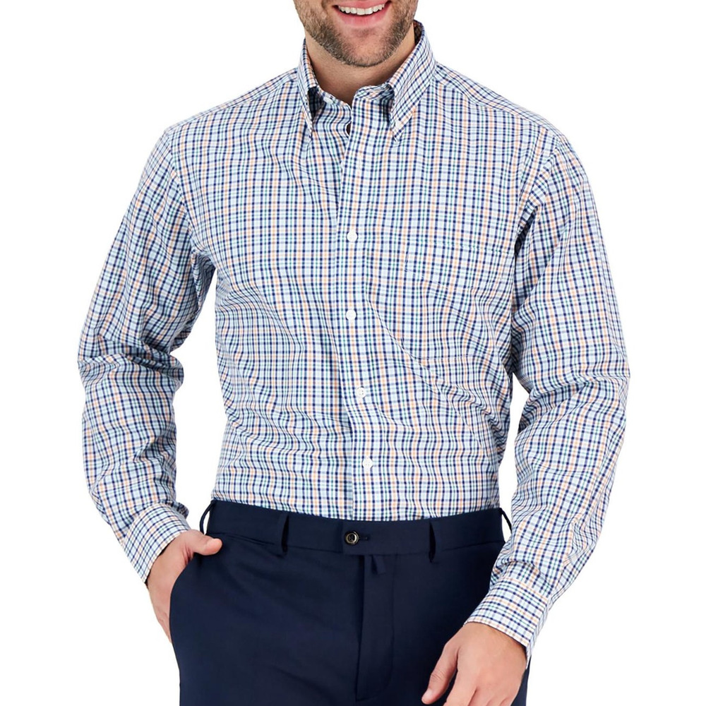 Club Room Mens Regular Fit Performance‎ Plaid Stretch Dress Shirt Size 17 34/35
